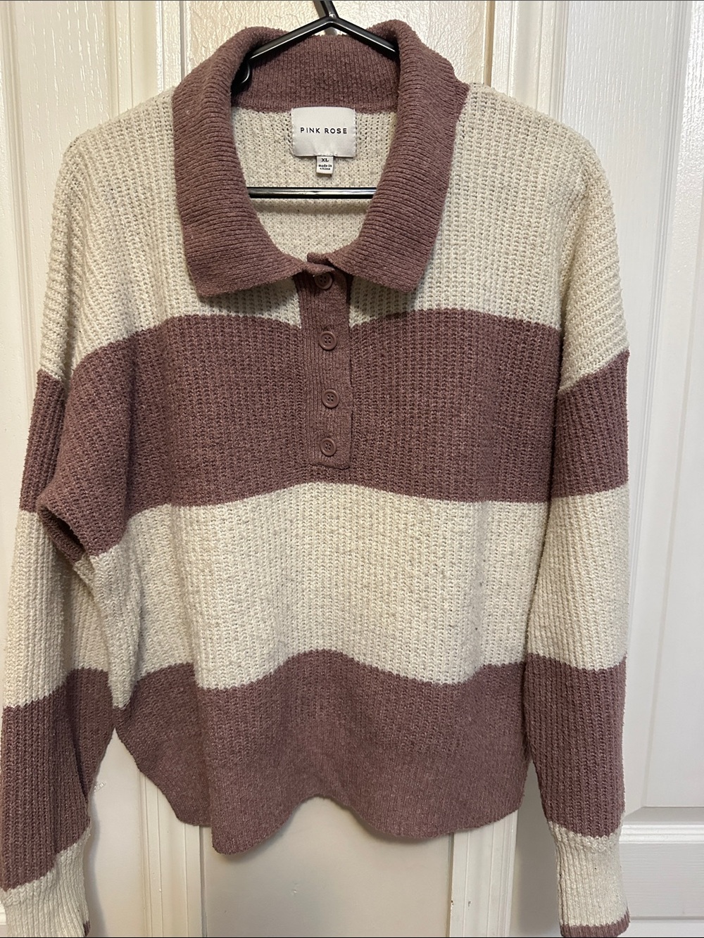 Pink Rose Cream & Mauve Striped Polo Sweater